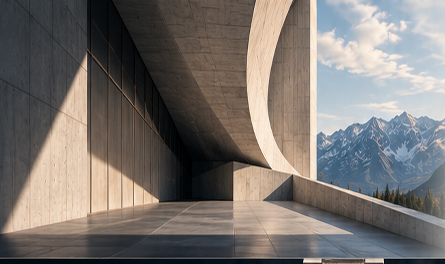 Modern architectural concrete geometry and mountain landscape