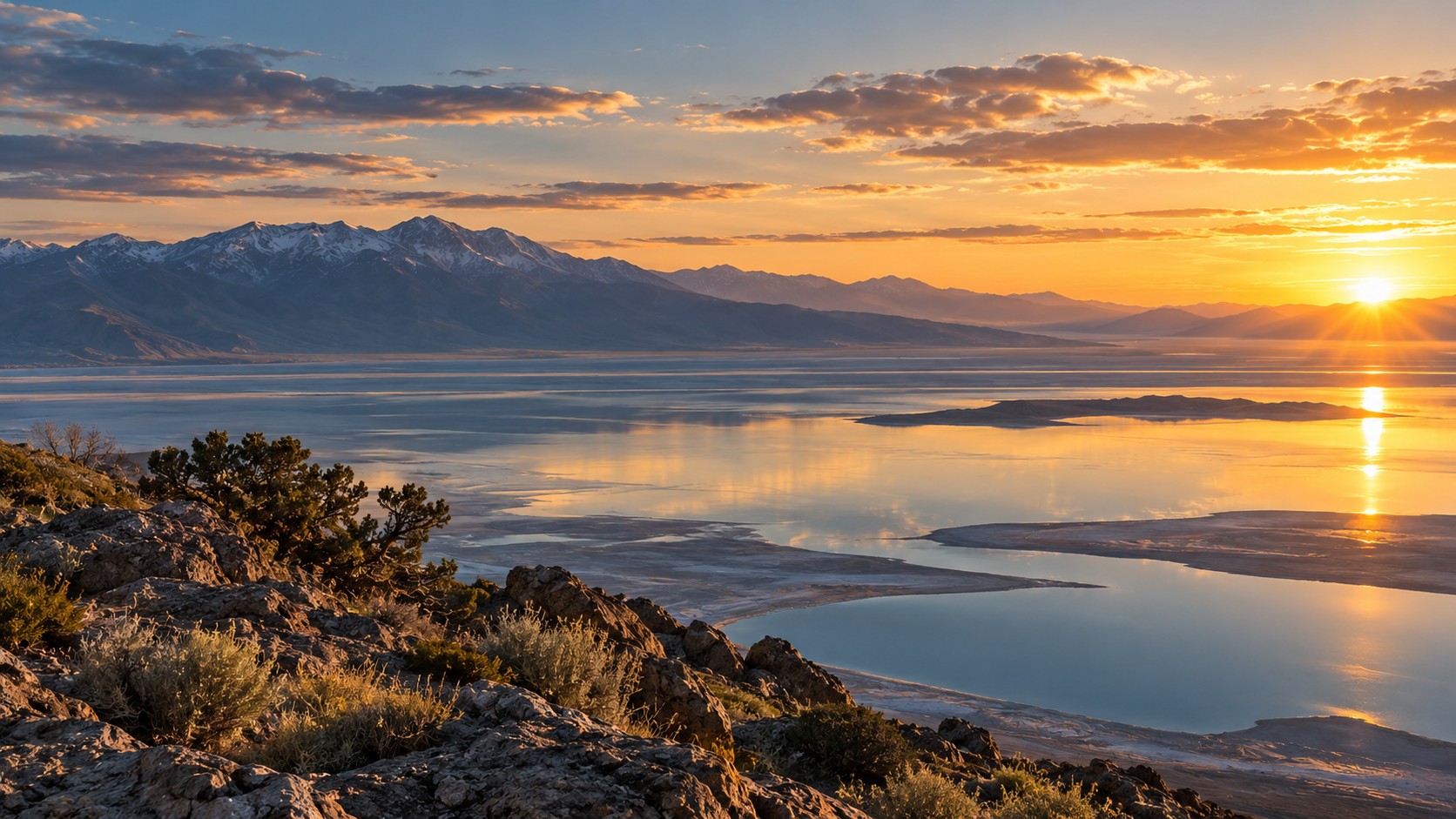 Salt flats and mountains reflected in water